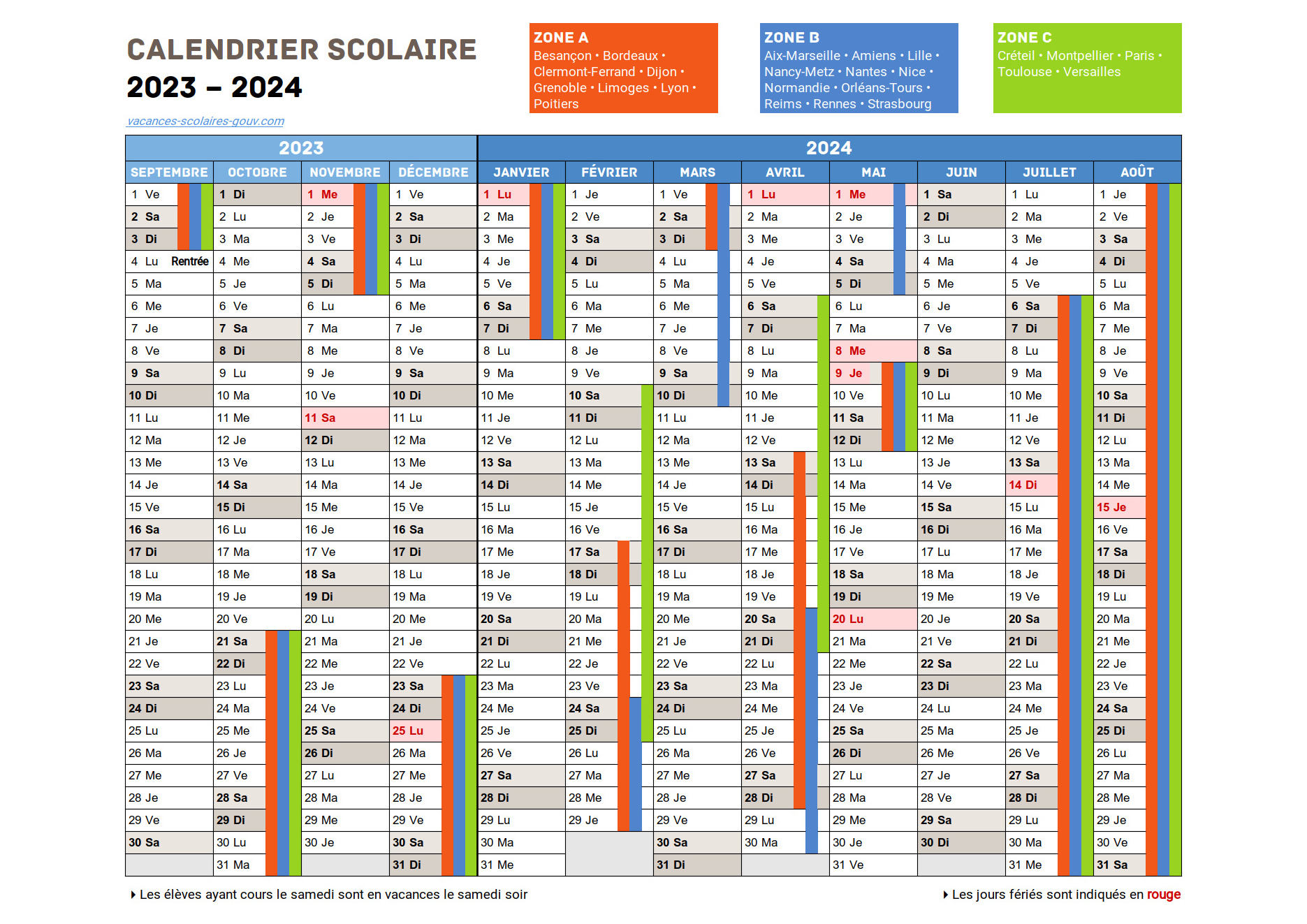 Calendrier 2024 avec Vacances Scolaires Calendrier Mural Mensuel 20 x 38 cm