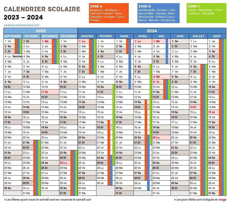 Calendrier Scolaire 2023-2024 à télécharger et imprimer - infographie avec dates des vacances et jours fériés 2023 et 2024