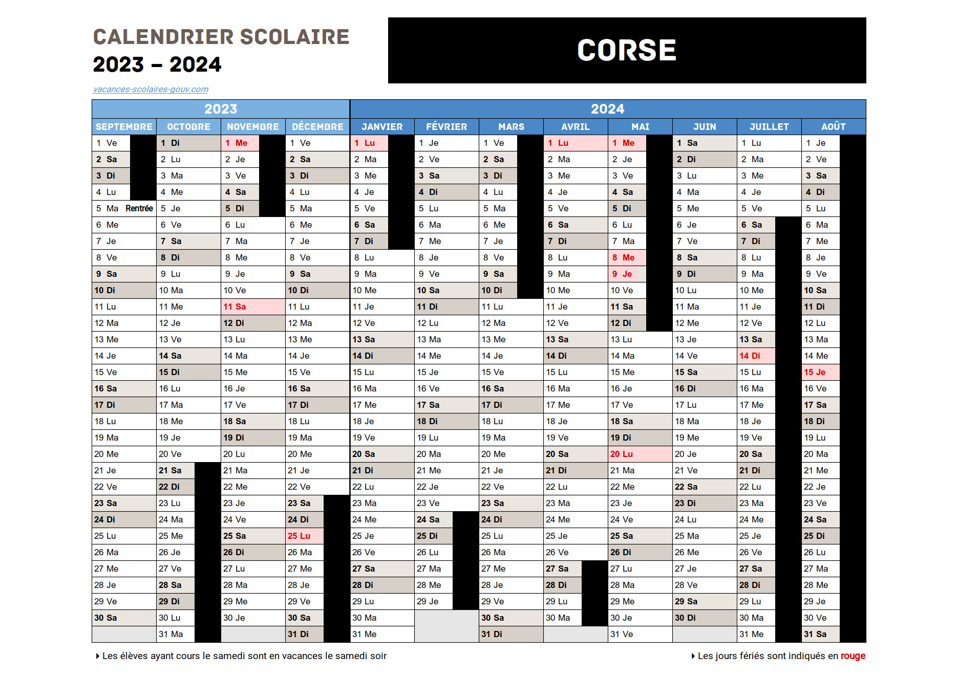 CORSE (2A & 2B) • Calendrier Scolaire 2024-2025 Officiel