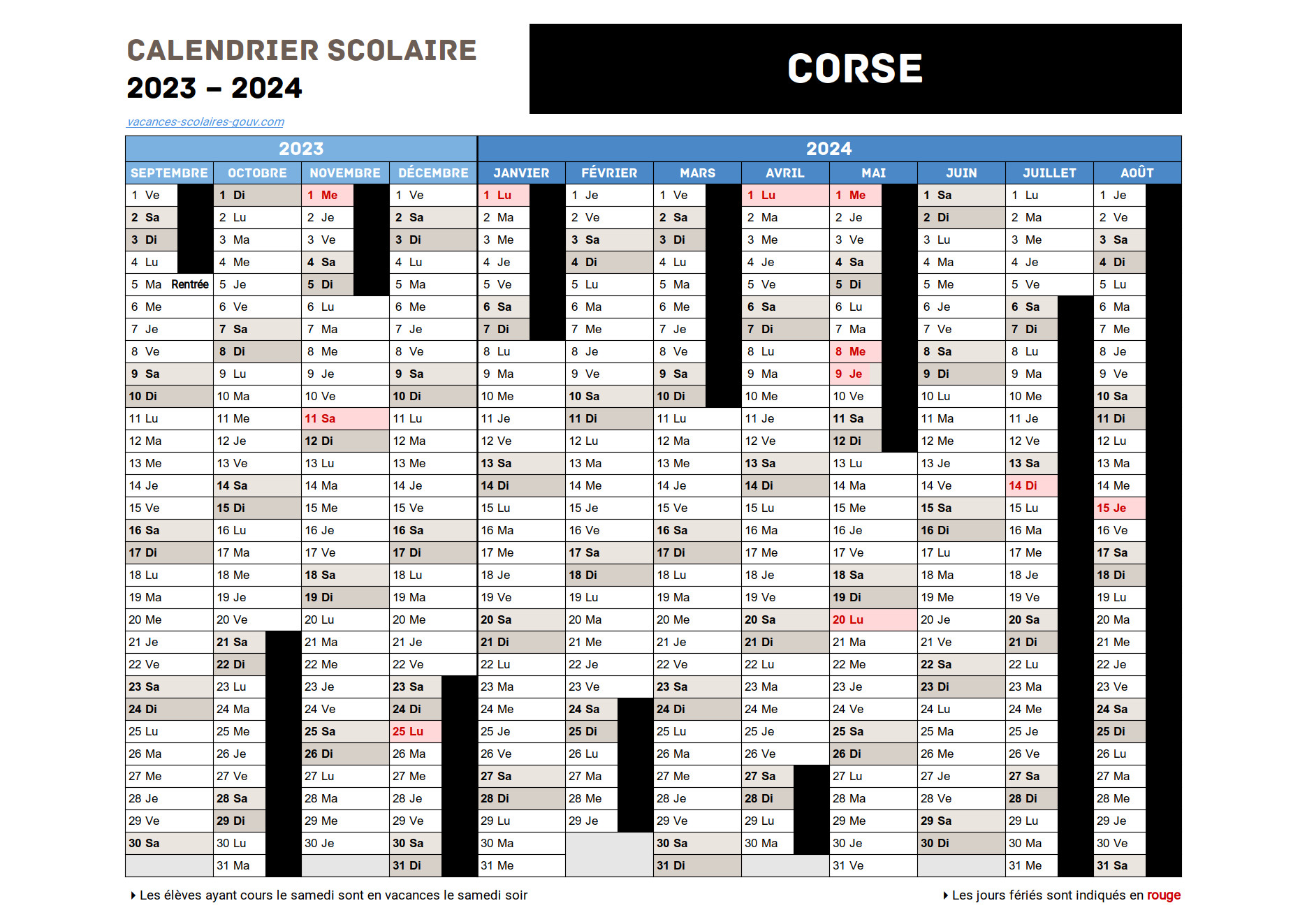 CORSE (2A & 2B) • Calendrier Scolaire 20242025 Officiel