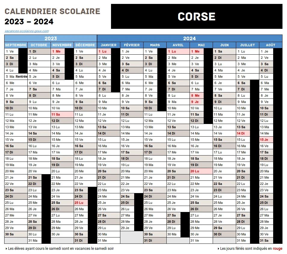 Calendrier Scolaire 2023-2024 Corse