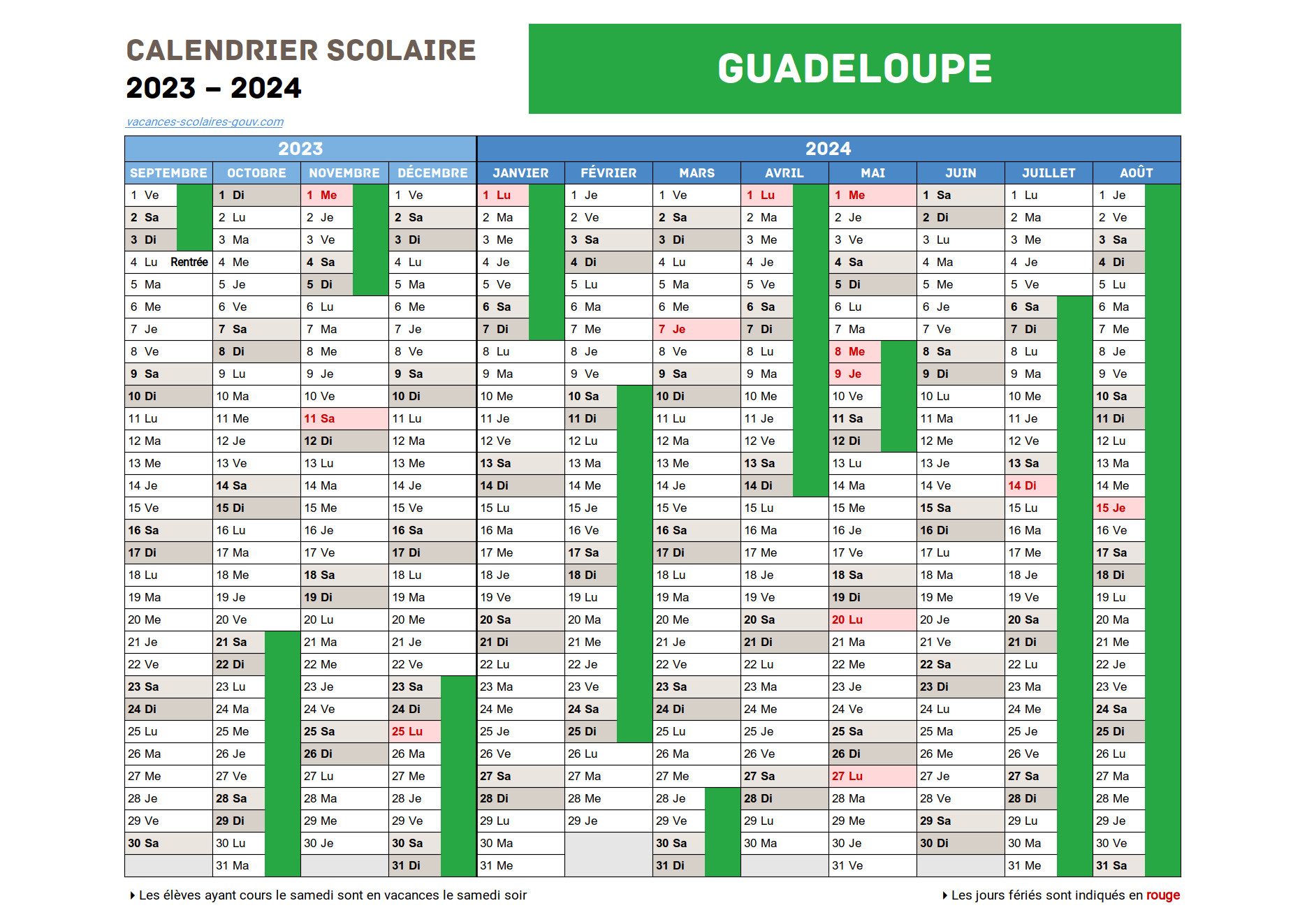 GUADELOUPE • Calendrier Scolaire 20242025 Officiel + 2024 & 2026