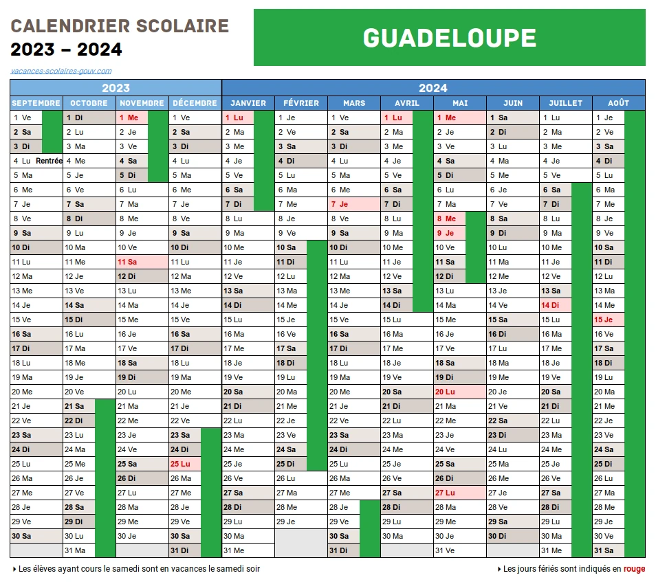 Calendrier Scolaire 2023-2024 Guadeloupe