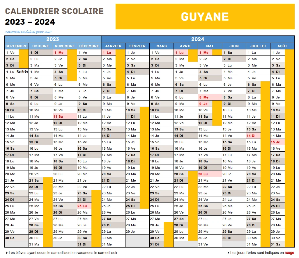 GUYANE • Calendrier Scolaire 20242025 Officiel + 2025 & 2026