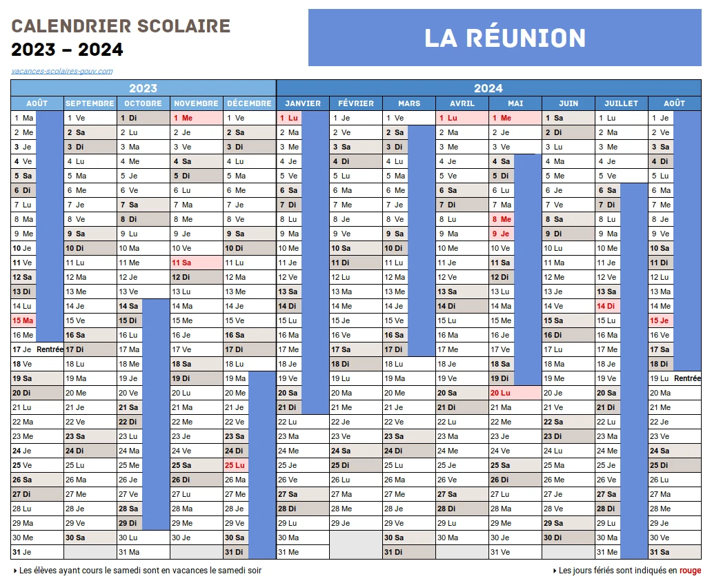 Calendrier Scolaire 2023-2024 La Réunion