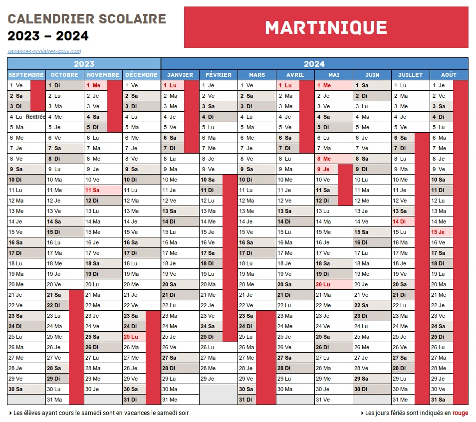 Calendrier Scolaire 2023-2024 Martinique
