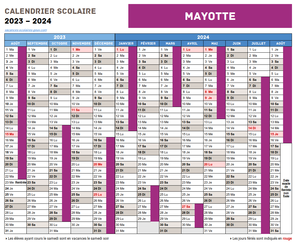 Calendrier Scolaire 2023-2024 Mayotte