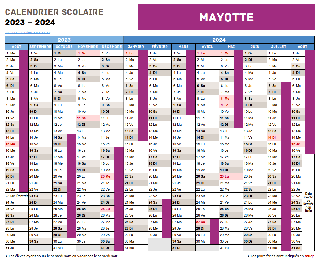 MAYOTTE • Calendrier Scolaire 2024-2025 Officiel