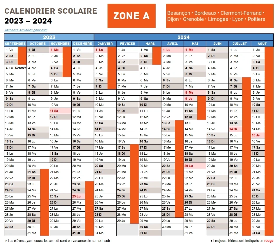 Calendrier Scolaire 2023-2024 Zone A