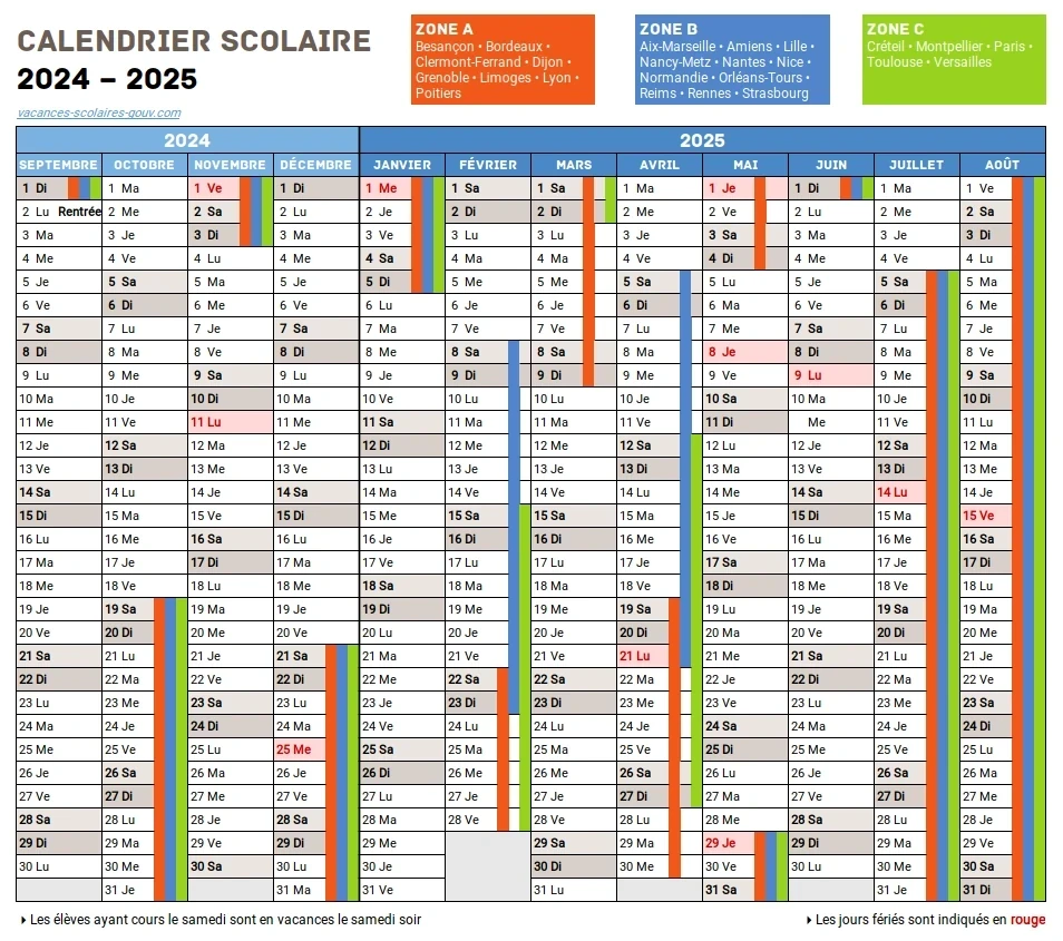 Calendrier Scolaire 2024-2025 Zones A,B,C à télécharger et imprimer - infographie avec dates des vacances et jours fériés 2023 et 2024
