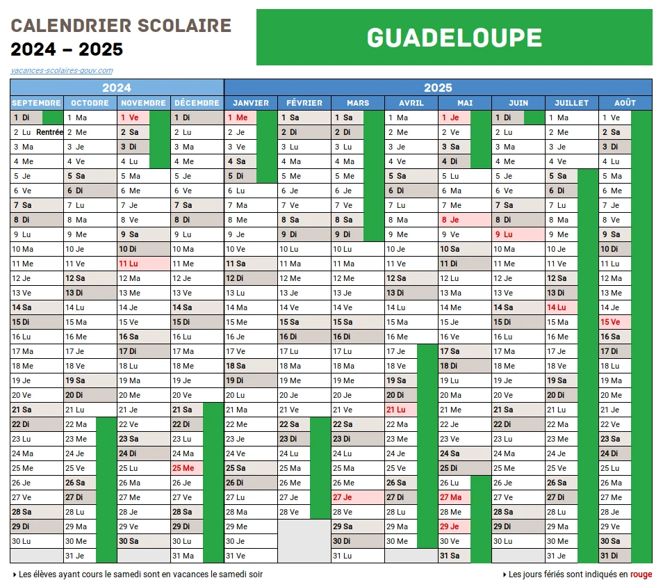 Calendrier Scolaire 2024-2025 Guadeloupe