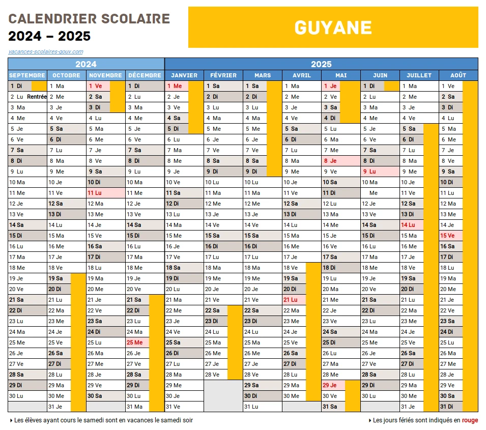 Calendrier Scolaire 2024-2025 Guyane