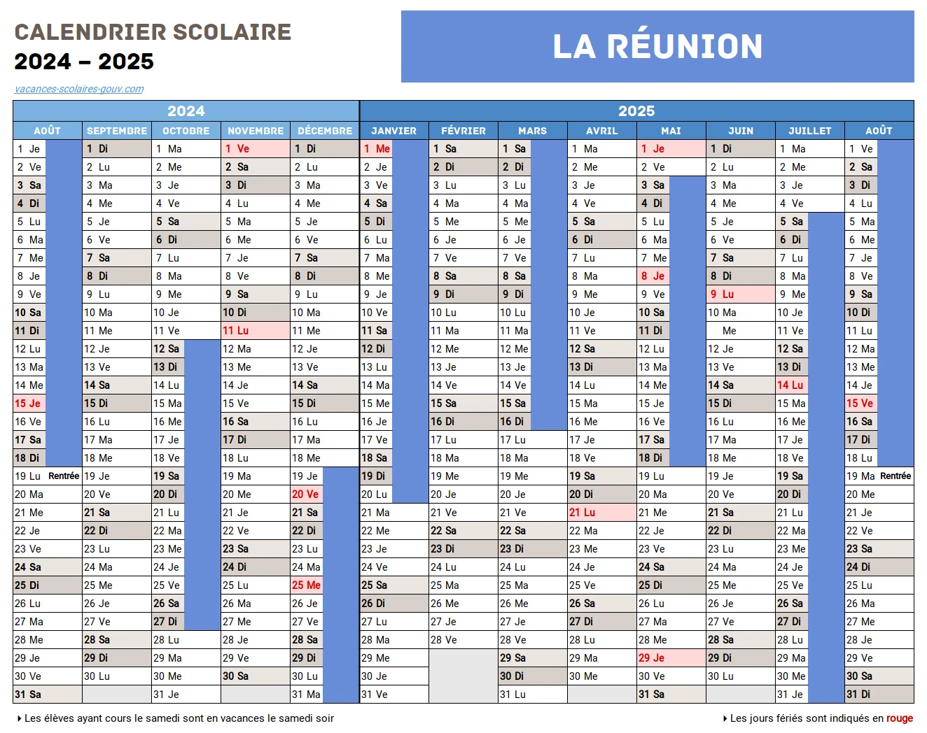 Calendrier Scolaire 2024-2025 La Réunion