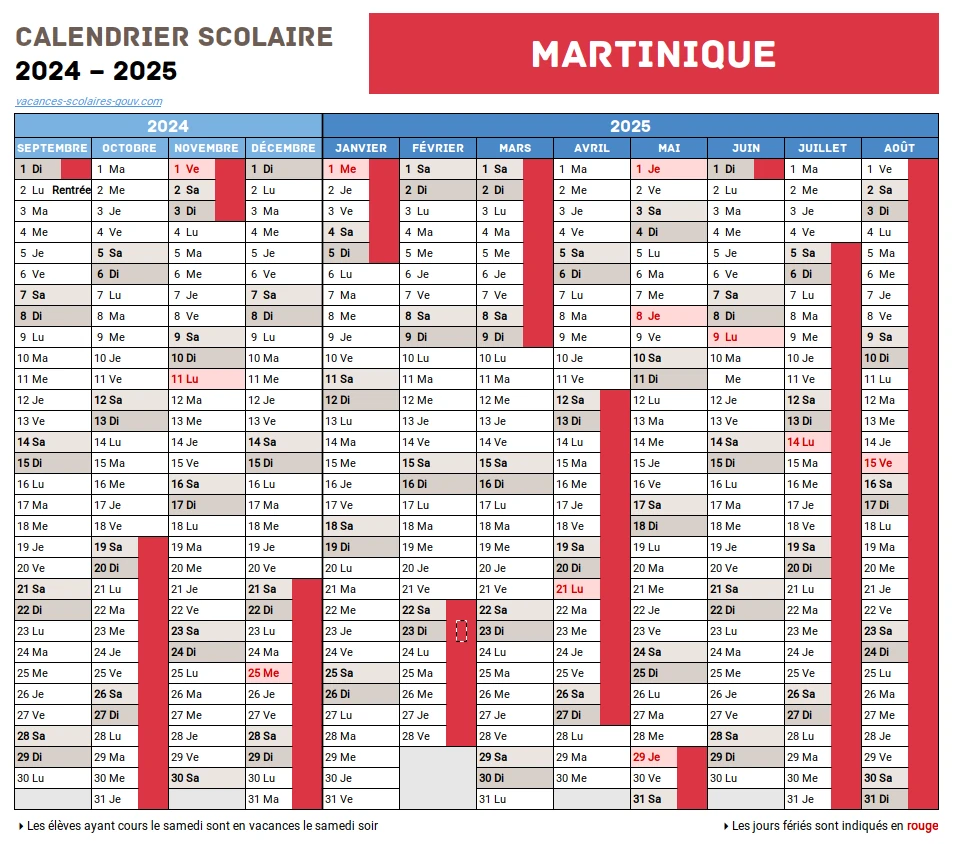 Calendrier Scolaire 2024-2025 Martinique
