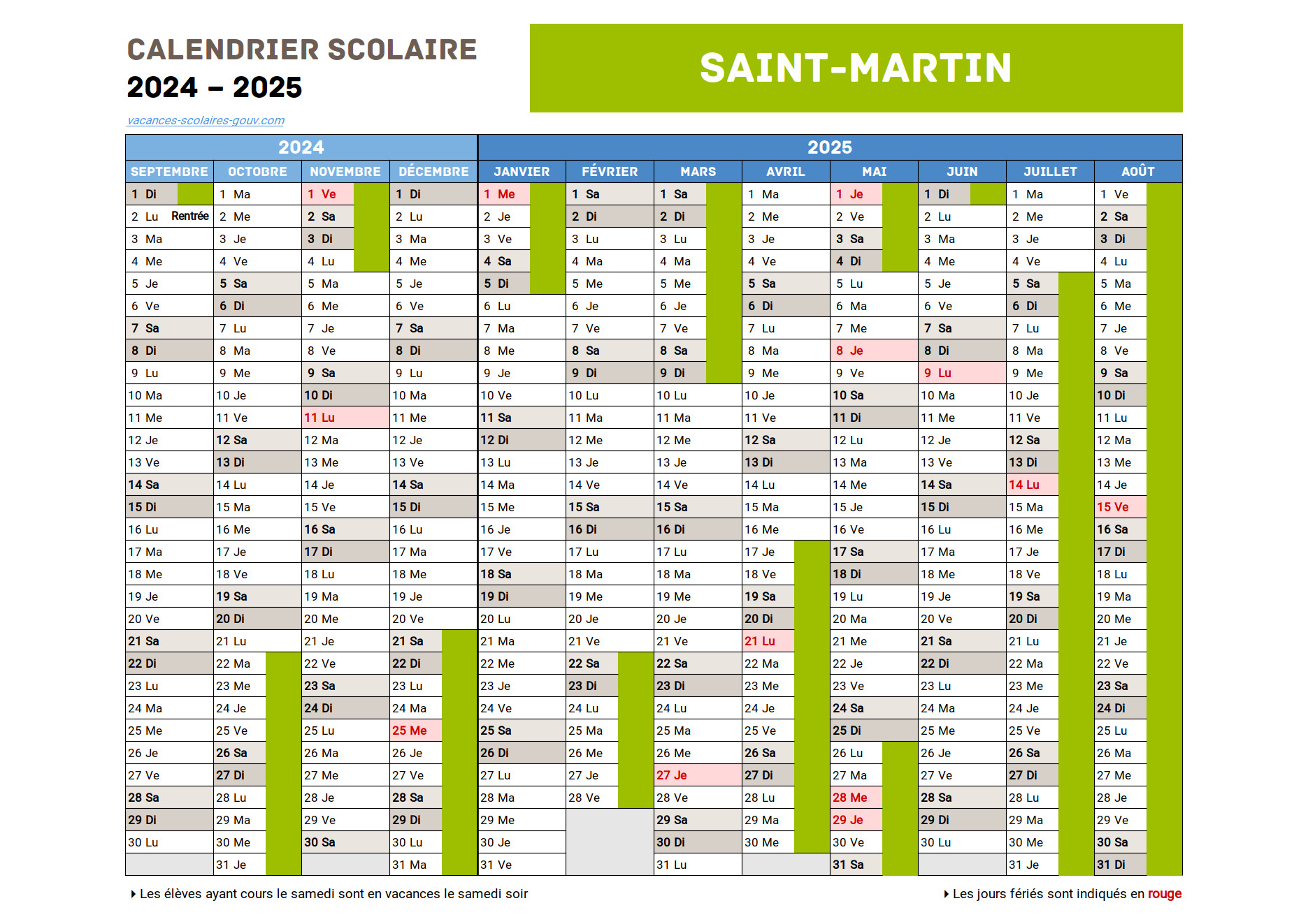 SAINTMARTIN • Calendrier Scolaire 20252026 Officiel + 2025 & 2026