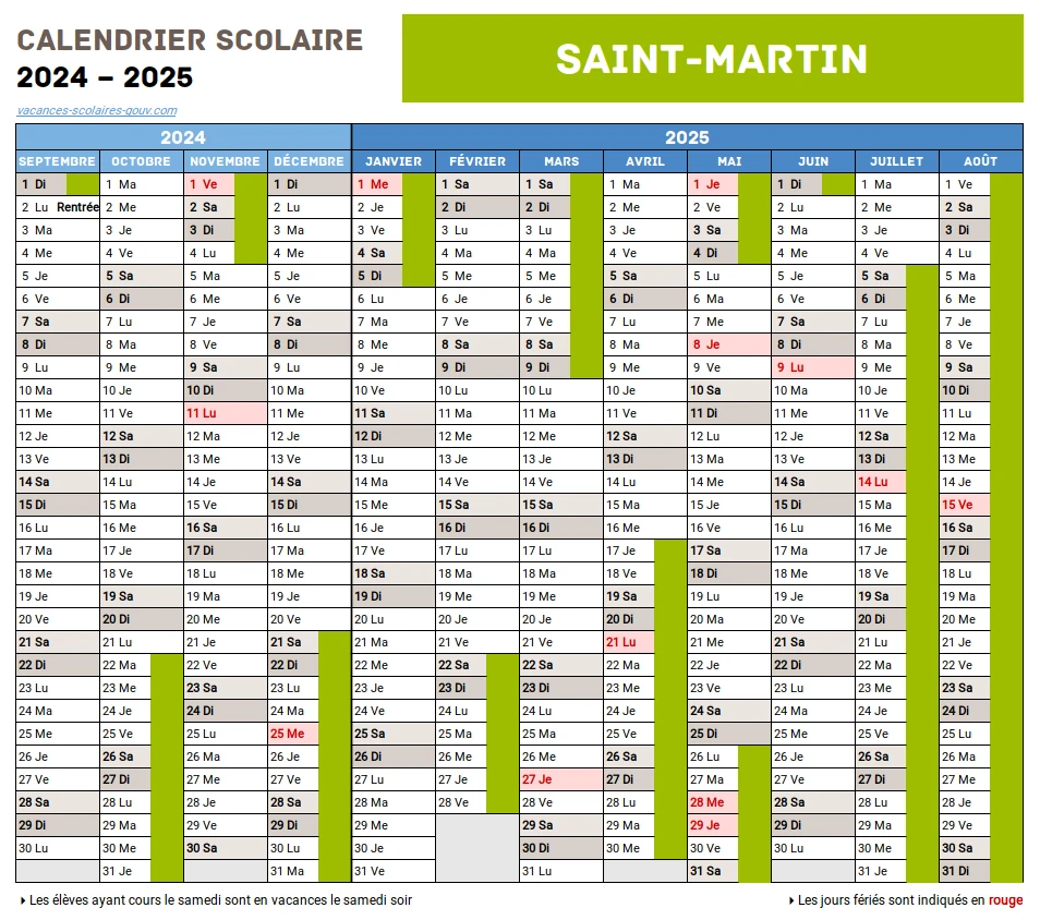 Calendrier Scolaire 2024-2025 Saint-Martin