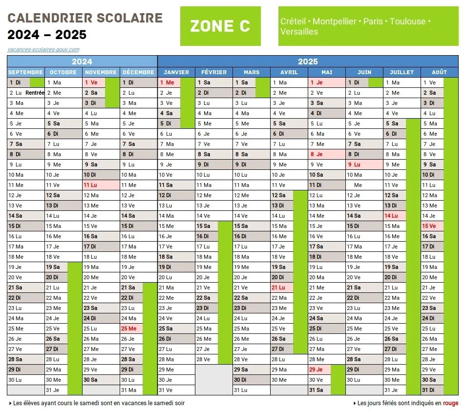 Calendrier Scolaire 2024-2025 Zone C
