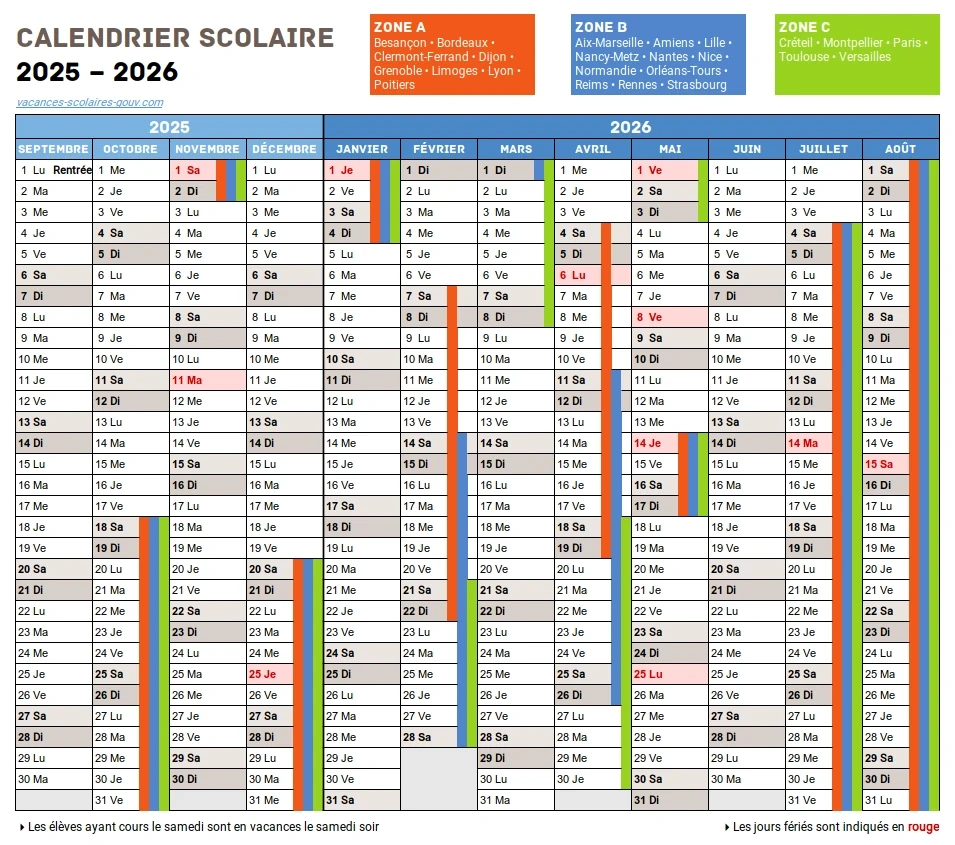 Calendrier Scolaire 2025-2026 Zones A,B,C à télécharger et imprimer - infographie avec dates des vacances et jours fériés 2023 et 2024