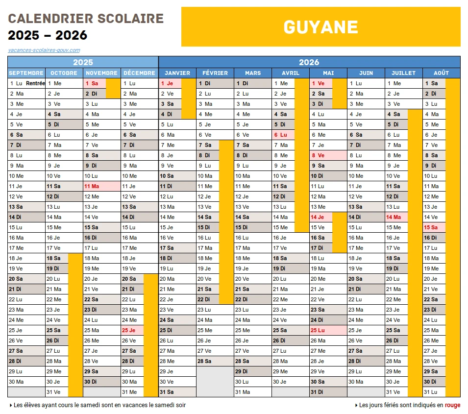 Calendrier Scolaire 2025-2026 Guyane
