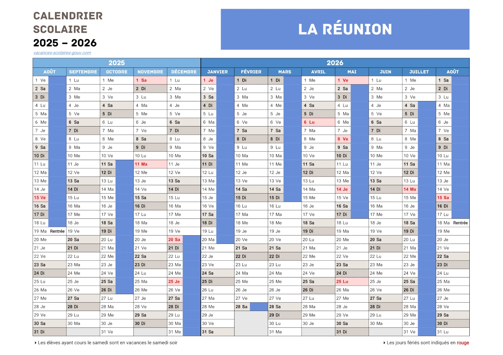 Calendrier Scolaire 2025 Ile De La Reunion Calendariko