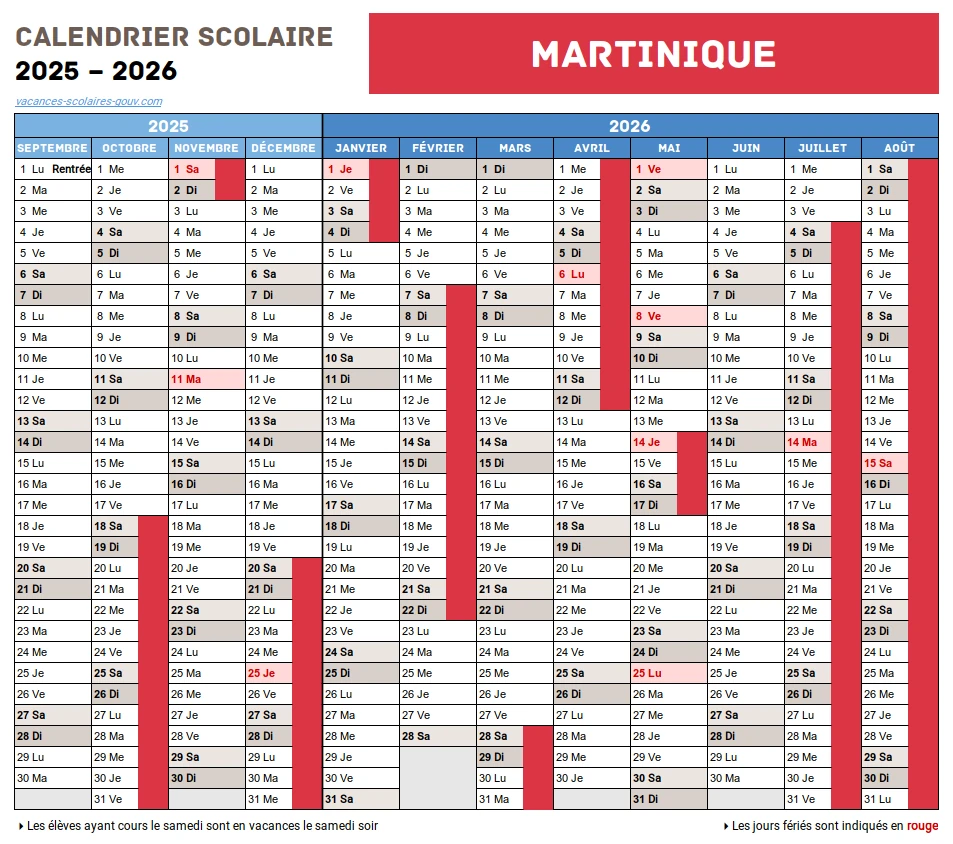 Calendrier Scolaire 2025-2026 Martinique