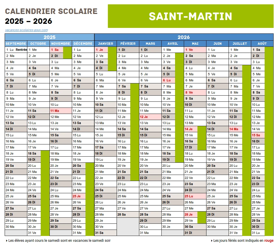 Calendrier Scolaire 2025-2026 Saint-Martin