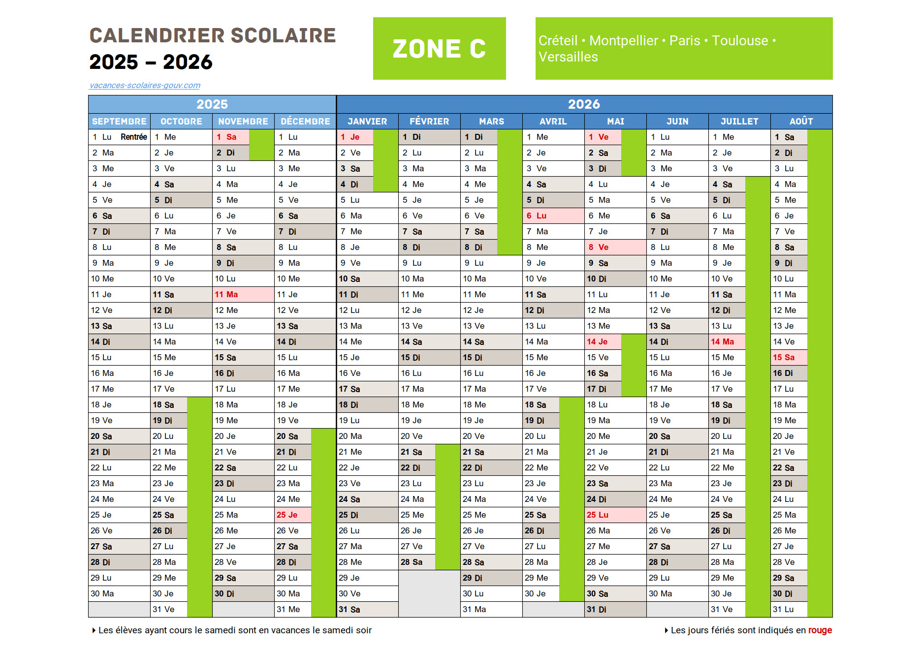 Calendrier Scolaire 2025-2026 ≡ Dates Officielles des vacances