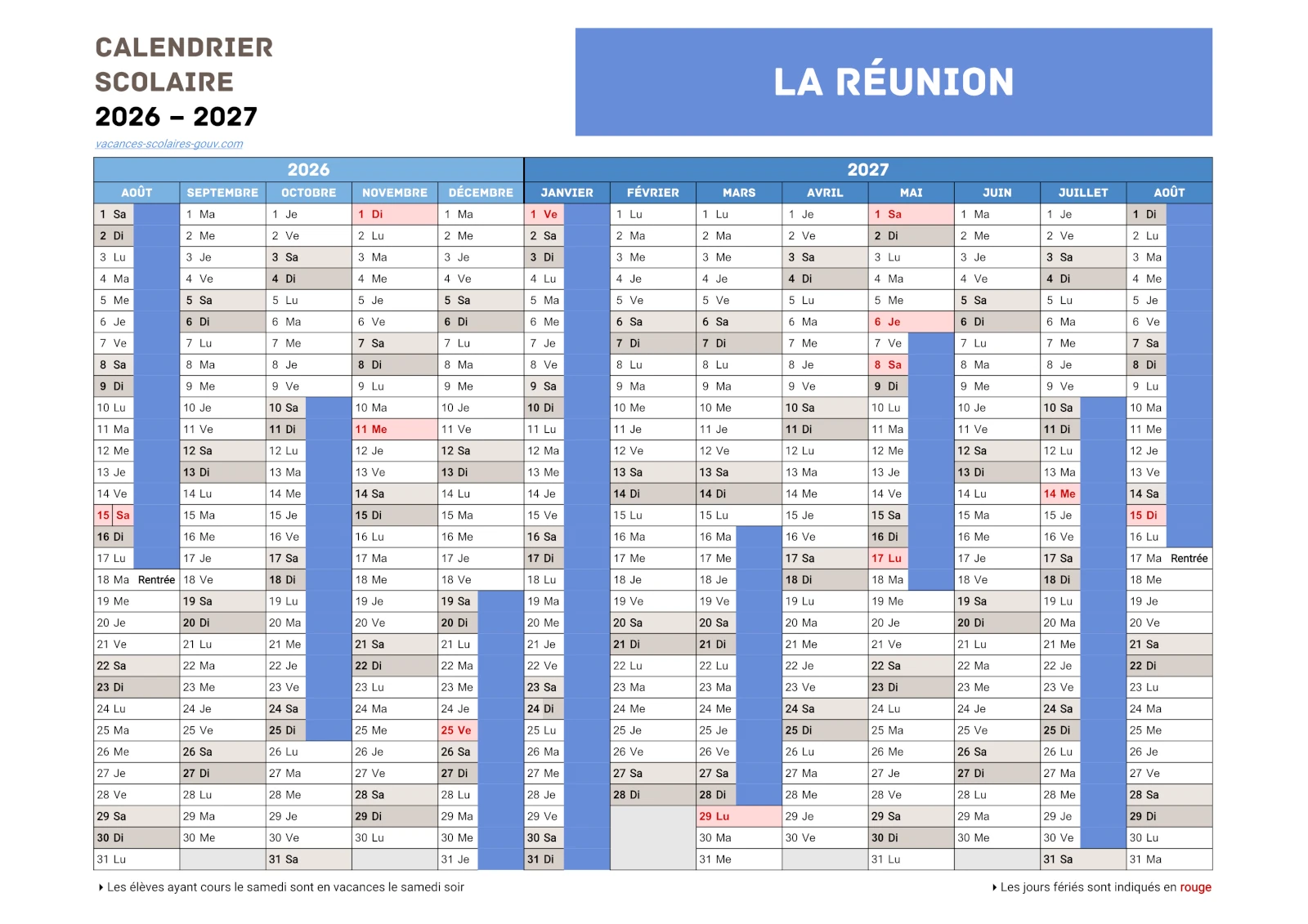 Calendrier Scolaire 2026-2027 La Réunion