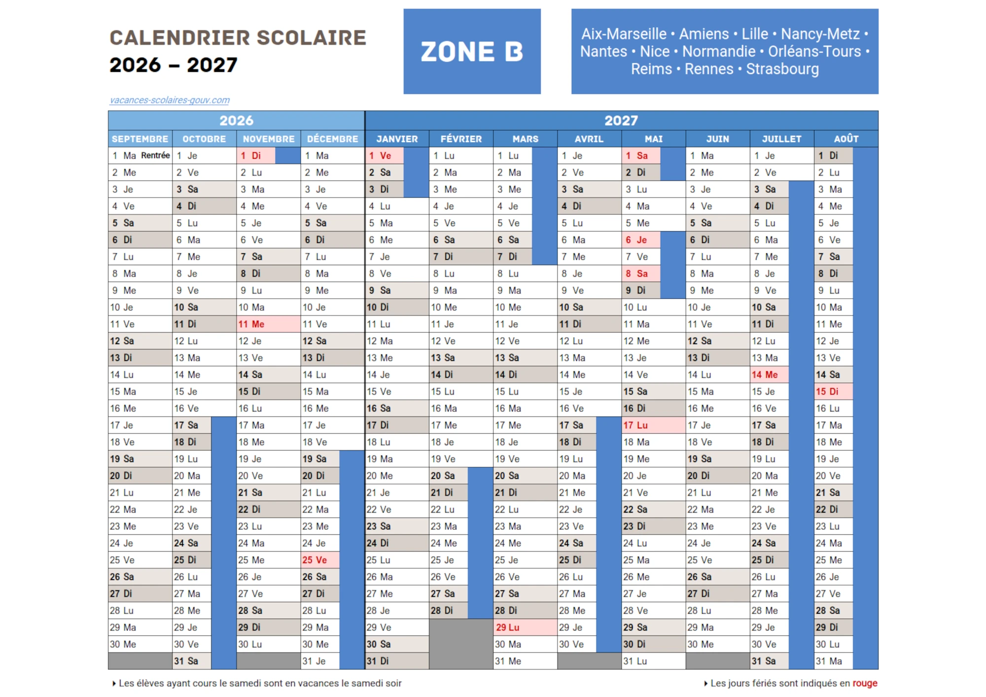 Vacances Scolaires LILLE Calendrier 2026 2027 Officiel Et 2027 2028 