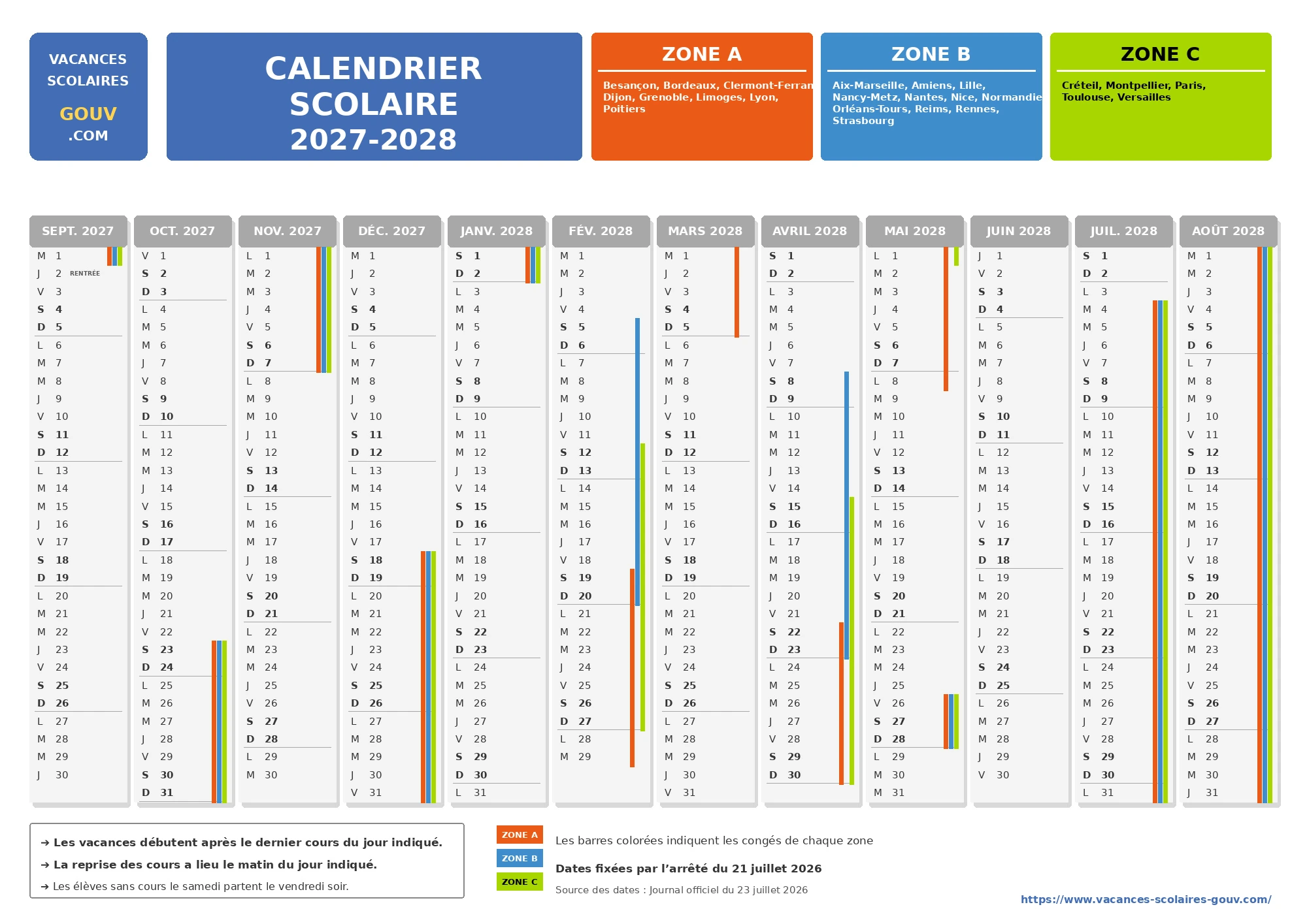Calendrier Scolaire 2027-2028 Zones A,B,C à télécharger et imprimer Calendrier Scolaire 2027-2028 Zones A,B,C à télécharger et imprimer