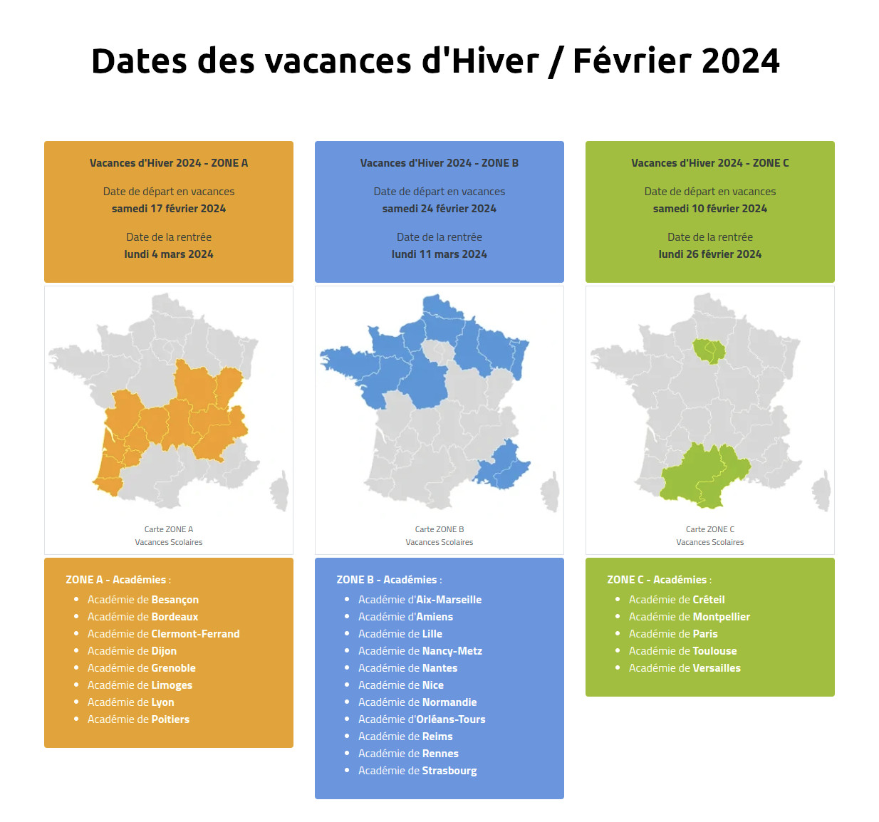 Vacances d'HIVER / Février 2024 ⇒ Calendrier Officiel