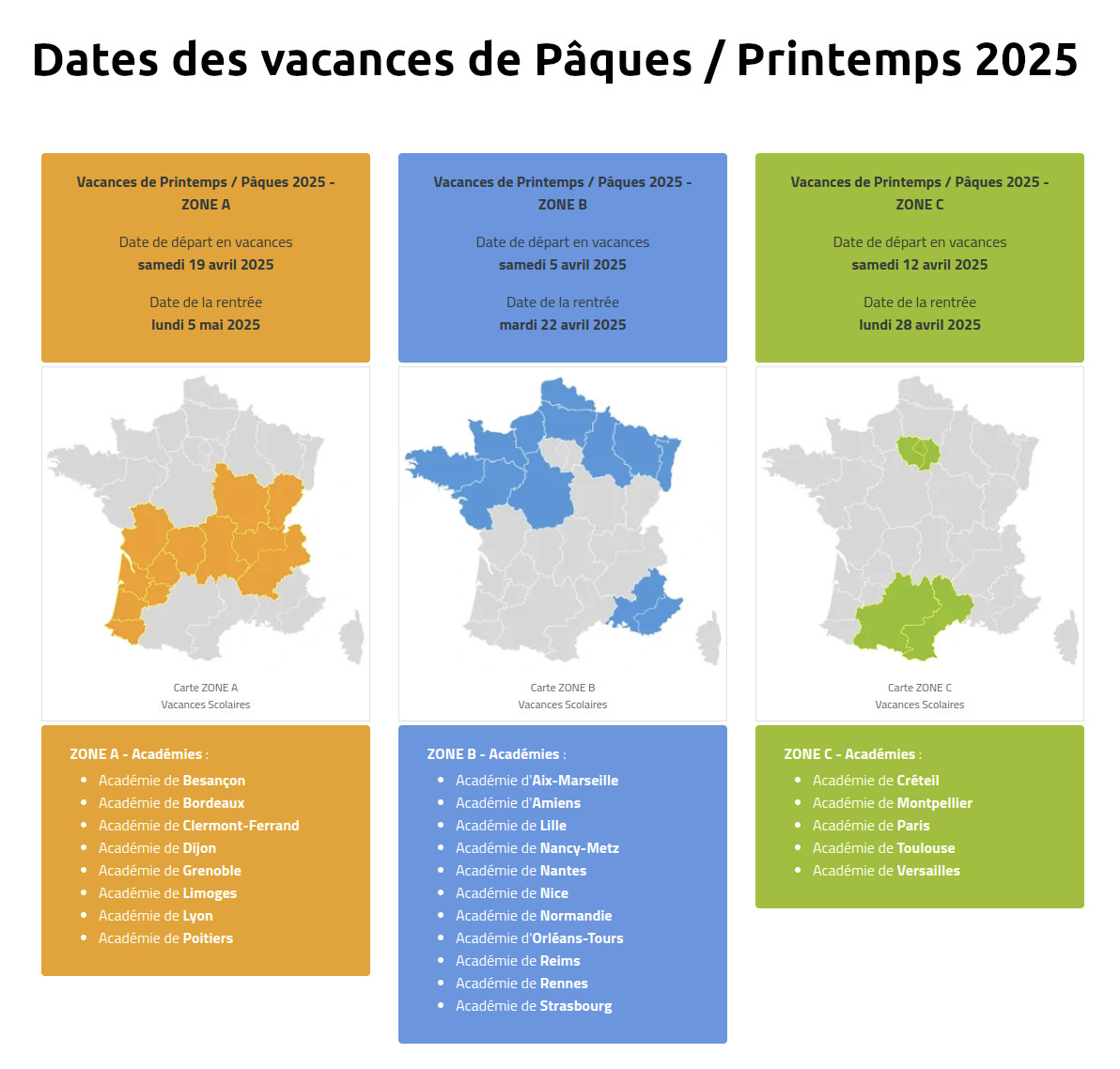Vacances de PÂQUES 2025 ⇒ Calendrier Officiel des vacances de Printemps