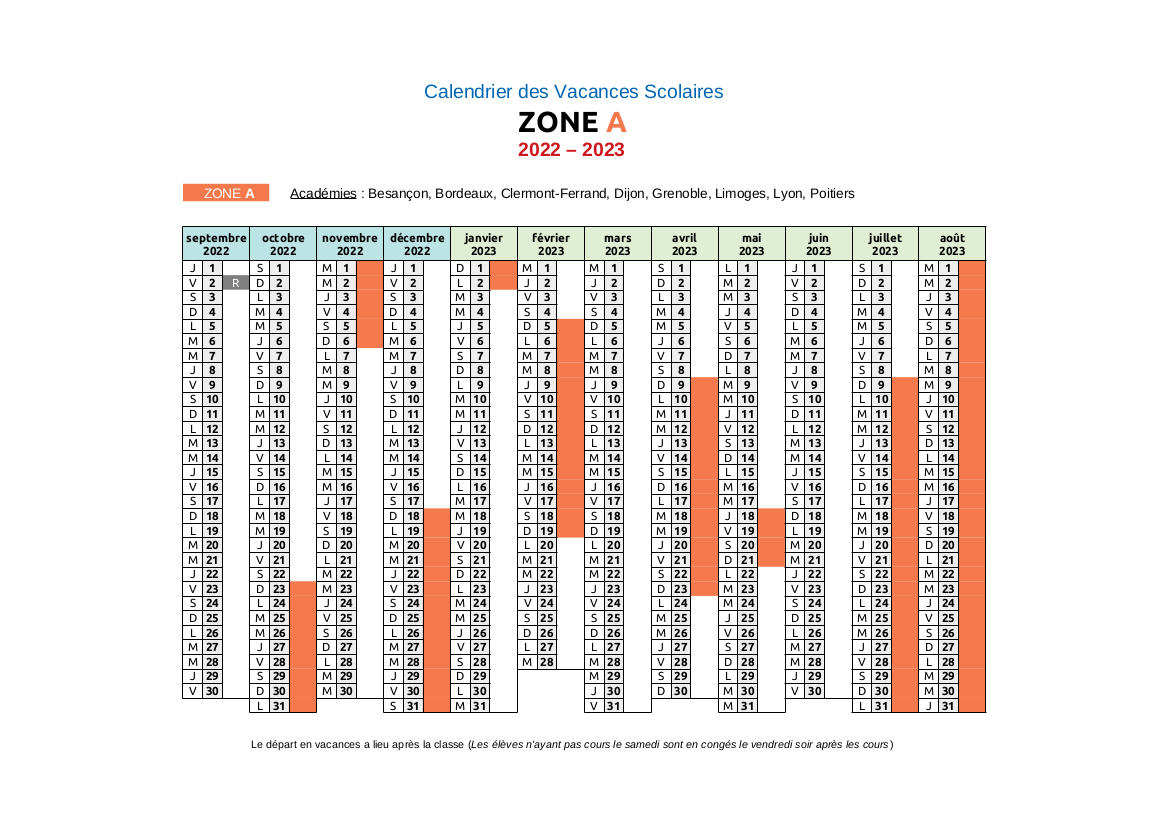 Calendrier Scolaire 2022-2023