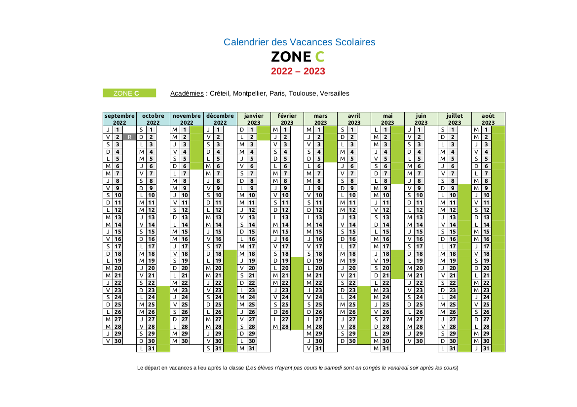 Calendrier Scolaire 2022-2023