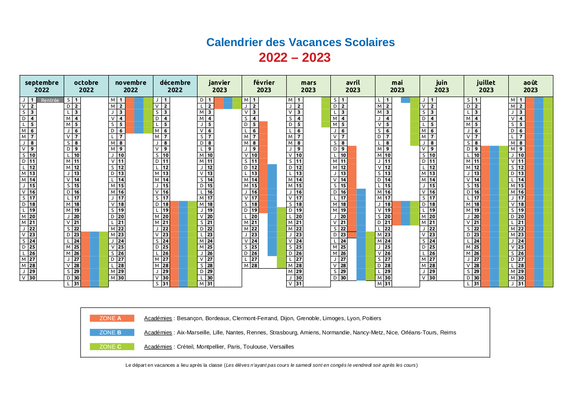 Calendrier Scolaire 2022-2023