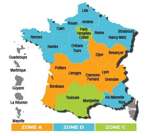 Carte académies des zone des vacances scolaires (A, B, C)