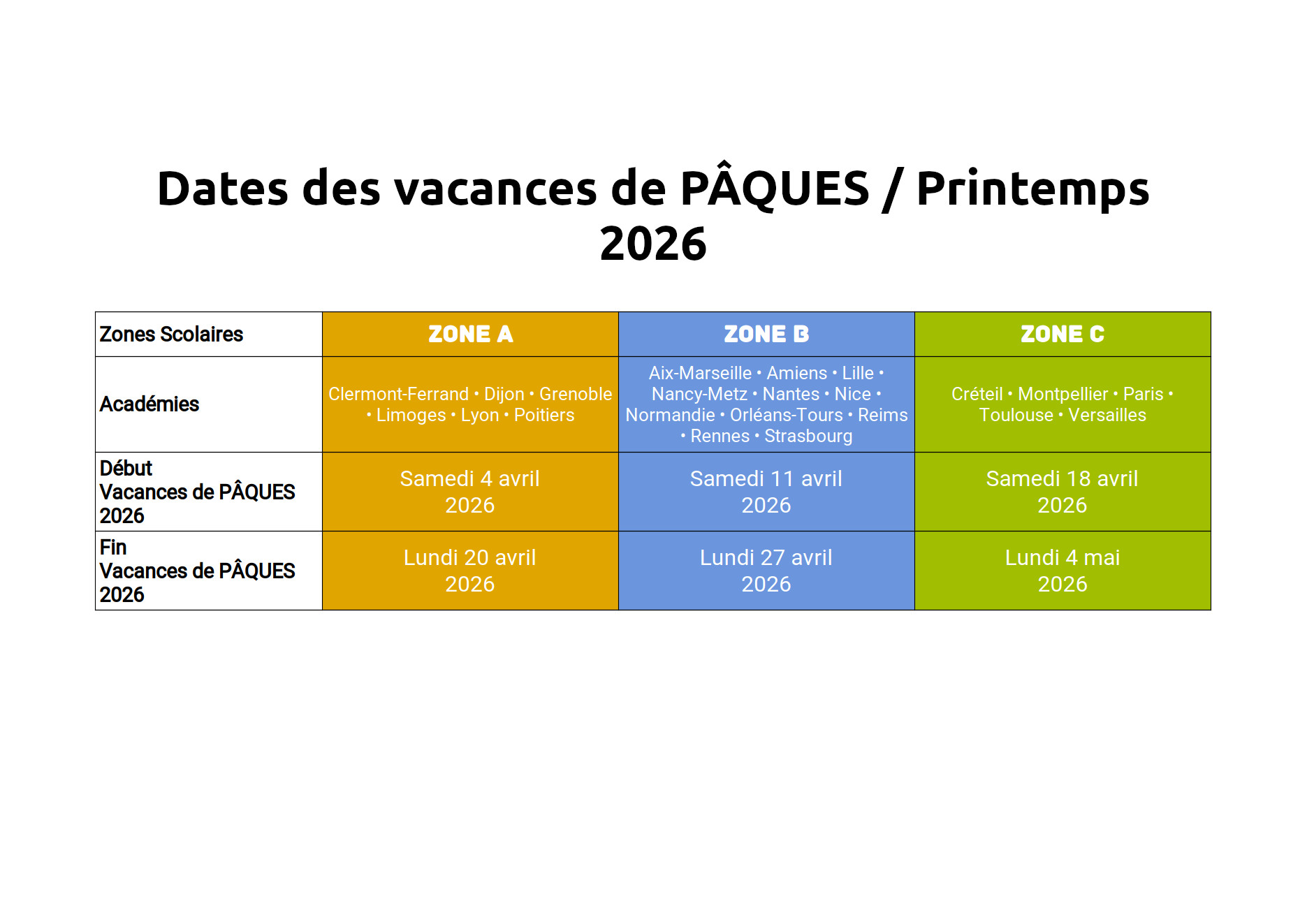 Vacances de PÂQUES 2026 ⇒ Calendrier Officiel des vacances de Printemps