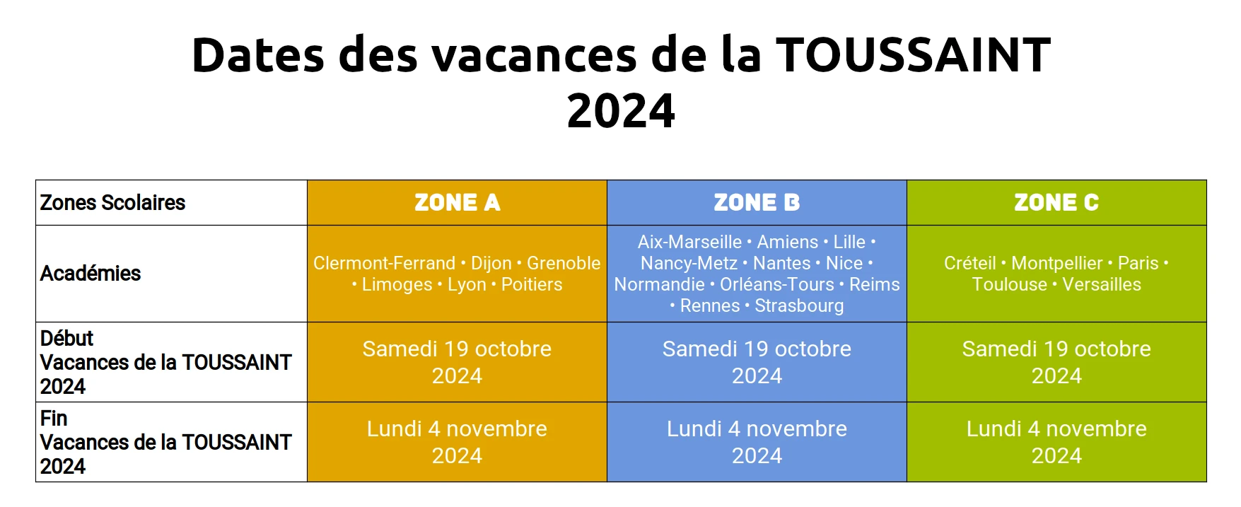 infographie à télécharger et imprimer des dates des vacances de la Toussaint 2024-2025