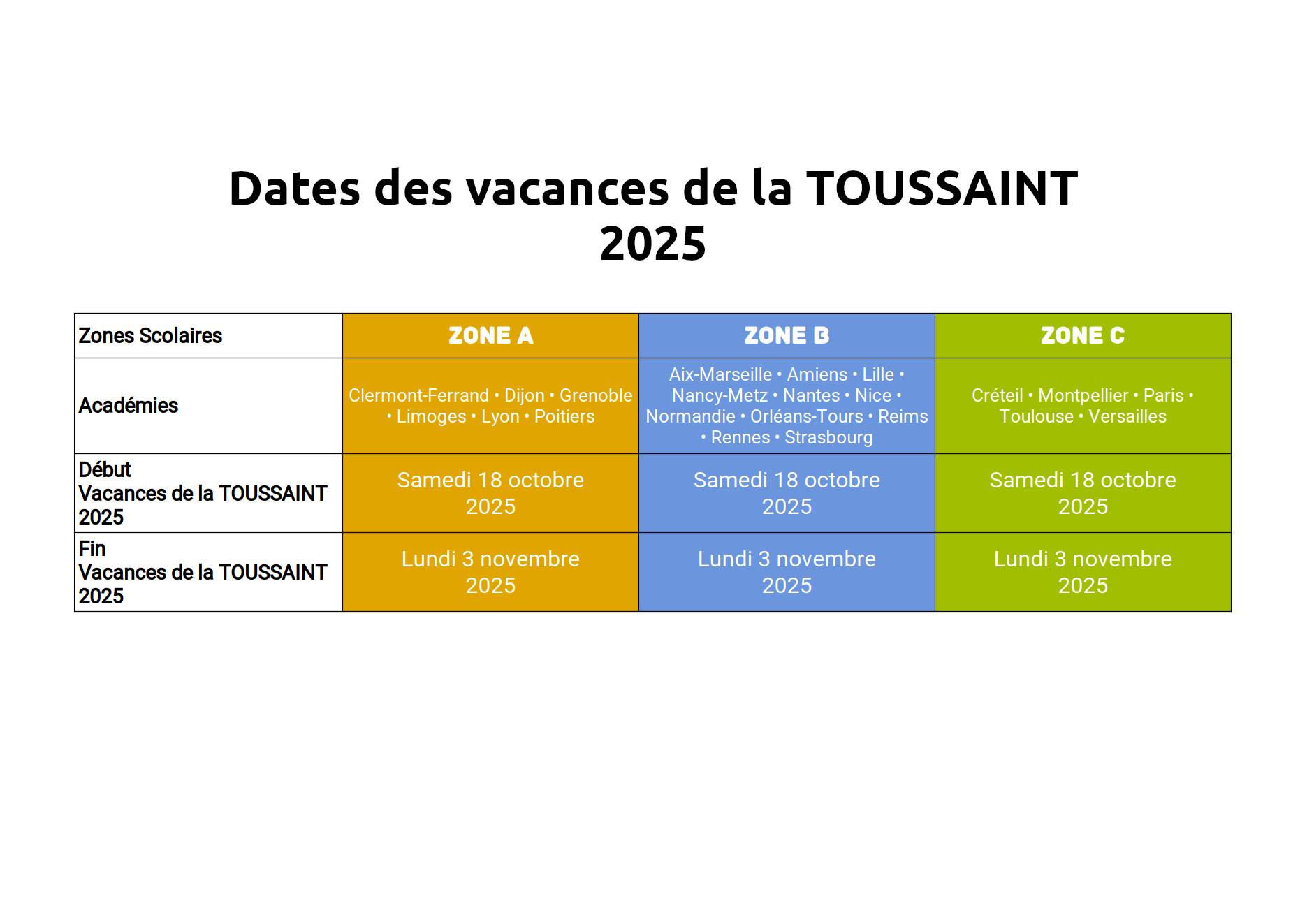 Vacances de la TOUSSAINT 2025 ⇒ Calendrier Officiel année scolaires