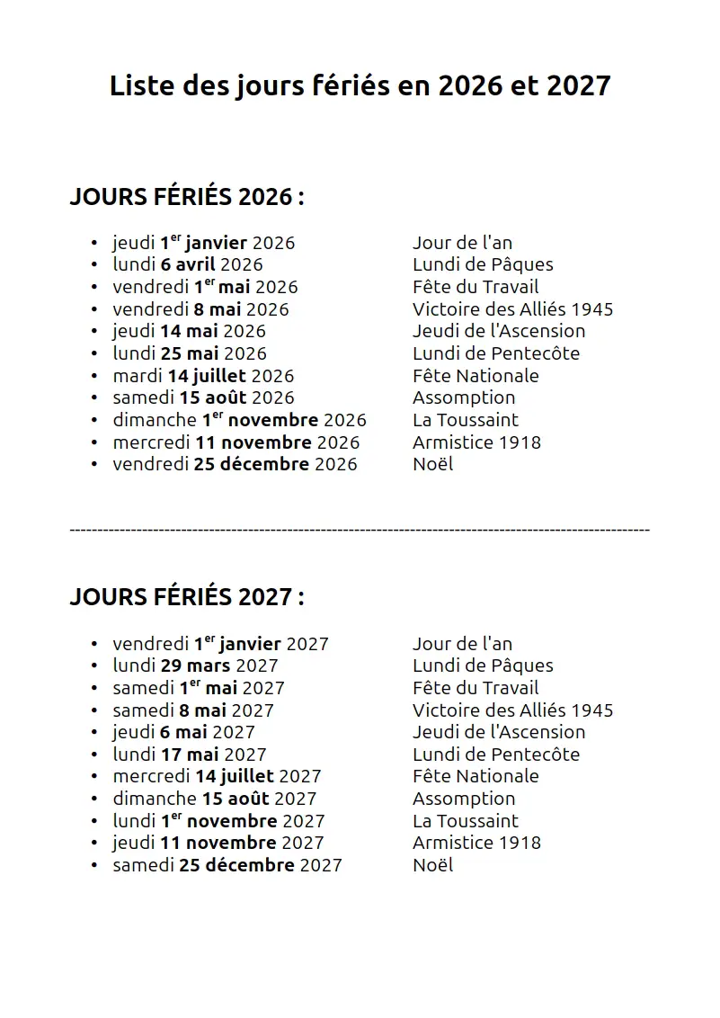 liste des jours fériés 2026 et 2027 à télécharger