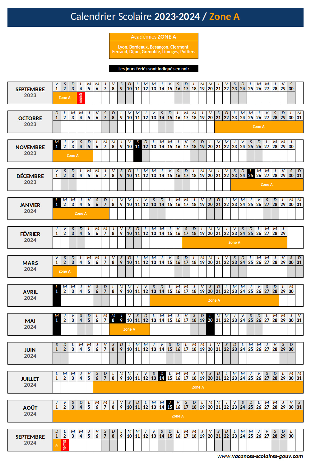 Vacances scolaires 2023-2024. Téléchargez le calendrier avec toutes les  dates de rentrée et de congés par zone