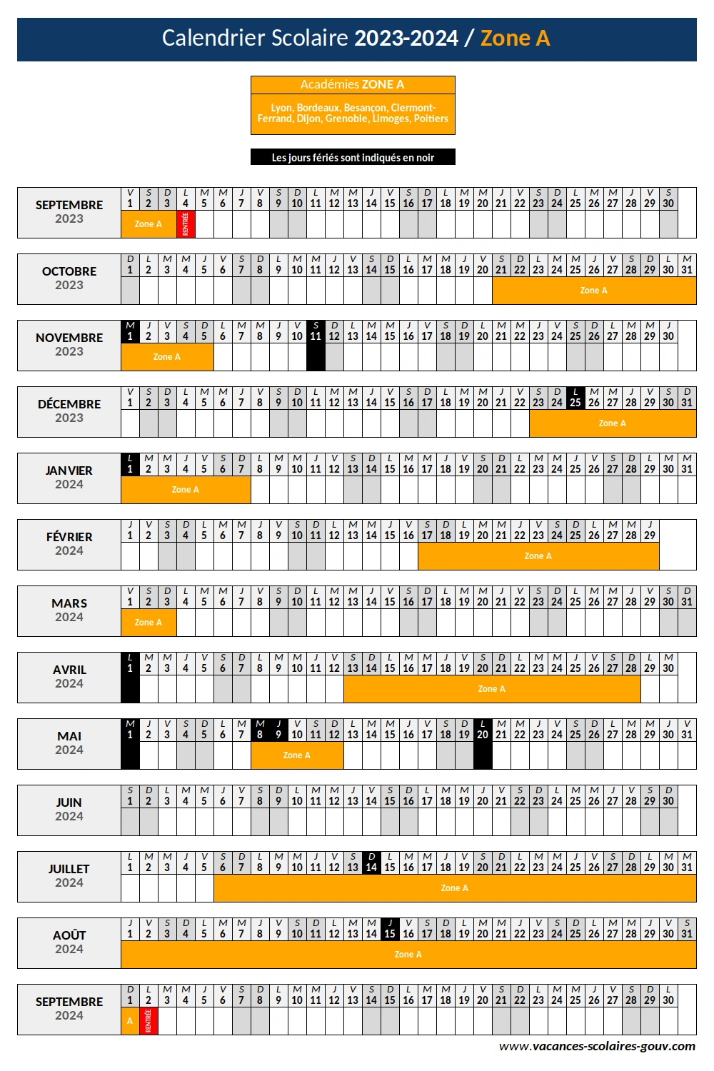 Calendrier Scolaire 2023-2024