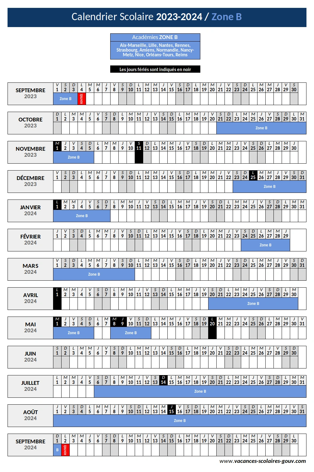 Calendrier Scolaire 2023-2024 ≡ Dates Officielles des vacances scolaires