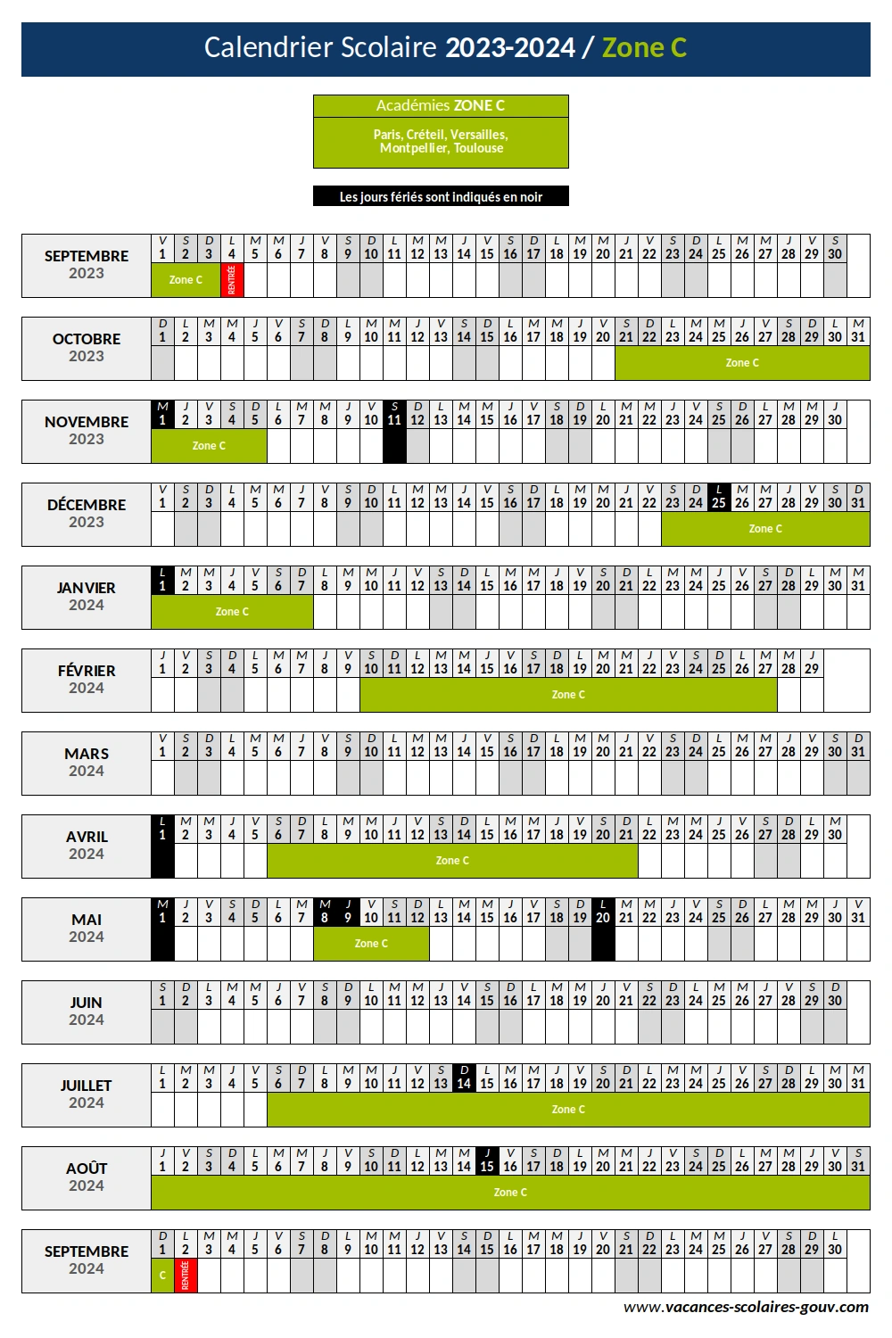 Calendrier Scolaire 2023-2024