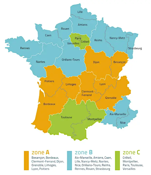 zones A, B et C académiques des vacances scolaires